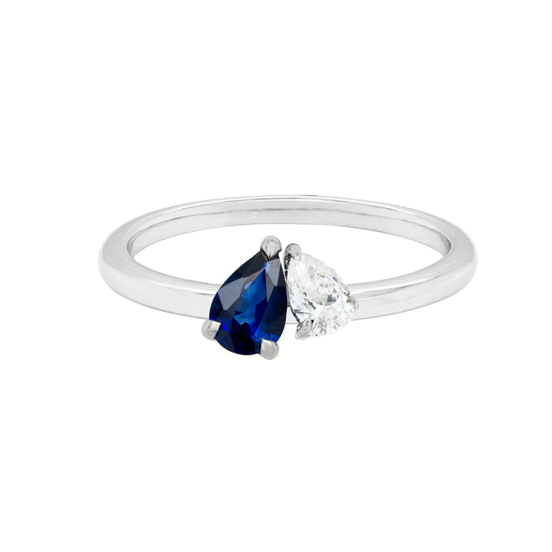14k white gold teardrop sapphire and diamond ring containing 1 pear-shape sapphire