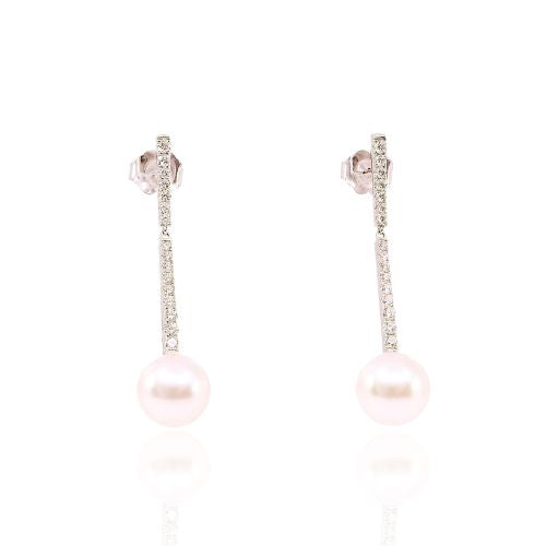 14k white gold 8-8.5mm Japanese cultured pearl and pave diamond stick drop earrings totaling-0.36ctw GH/SI