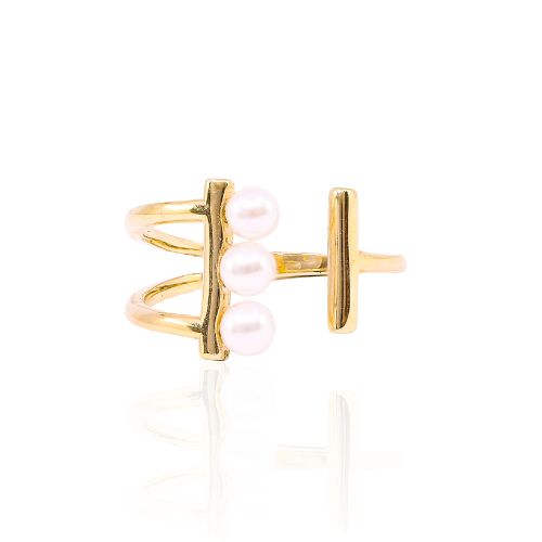 14K yellow gold open top fashion ring with (3) 3.5-4mm Japanese cultured pearls, size 