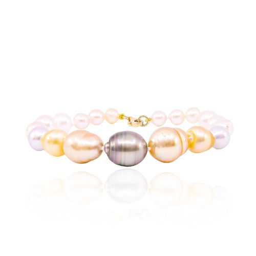 7.5inch 6-14mm gradient Golden South Sea, Tahitian and natural Akoya pearl bracelet with 14k yellow gold lobster clasp