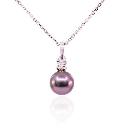 9-10mm Tahitian pearl pendant with single round diamond accent weighing-0.17ctw GH/SI and 16inch 18k white gold rolo chain