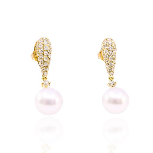 18K YELLOW GOLD SOUTH SEA PEARL AND DIAMOND TEARDROP EARRINGS 1.30CTW