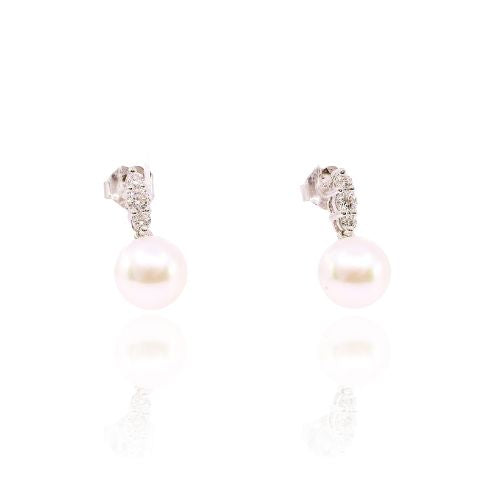 14K WHITE GOLD CULTURED PEARL AND DIAMOND DANGLE EARRINGS 0.28CTW