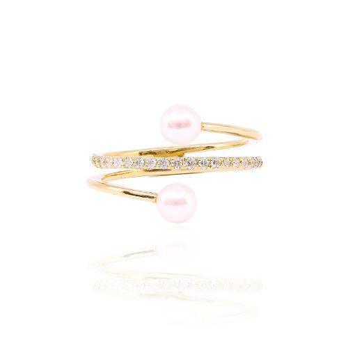 14K YELLOW GOLD 4.5-5MM CULTURED PEARL AND DIAMOND WRAP RING 0.24CTW