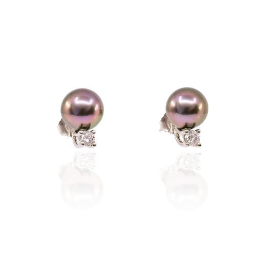 18K WHITE GOLD 9-10MM TAHITIAN PEARL STUD EARRINGS WITH DIAMOND ACCENTS 0.35CTW