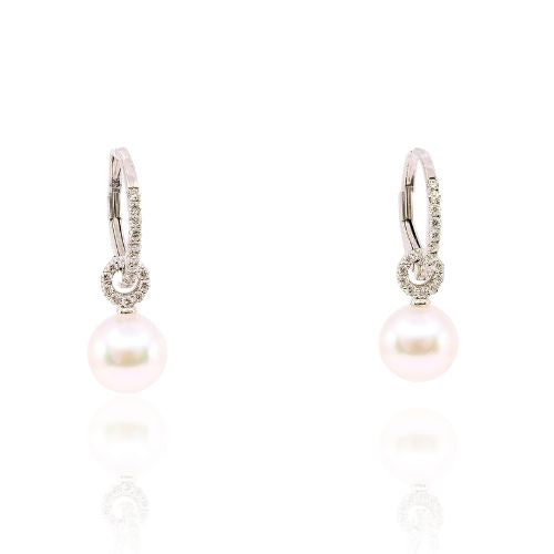 14K WHITE GOLD 0.31CTW DIAMOND HOOP EARRINGS WITH CULTURED PEARL DROPS