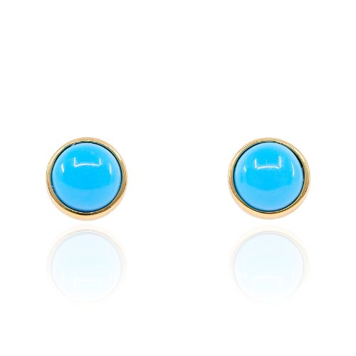 14K YELLOW GOLD ROUND SLEEPING BEAUTY TURQUOISE STUD EARRINGS