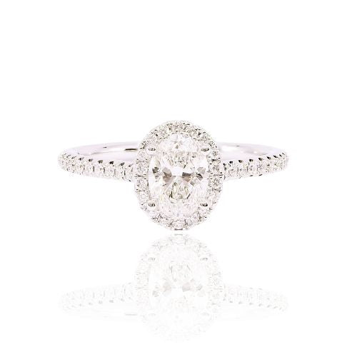 14K WHITE GOLD 0.85CT OVAL CUT DIAMOND HALO ENGAGEMENT RING WITH ACCENTS 0.31CTW
