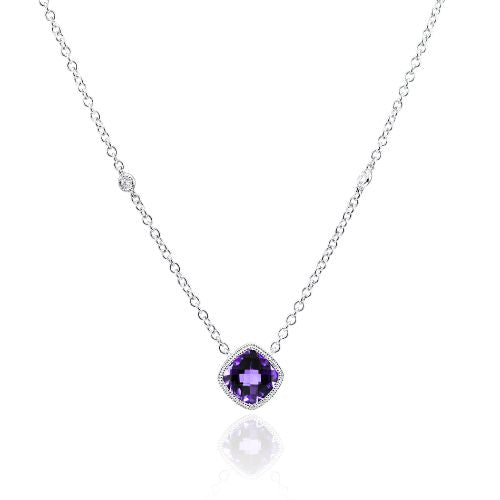 14K WHITE GOLD CUSHION-CUT AMETHYST AND DIAMOND ACCENT PENDANT NECKLACE