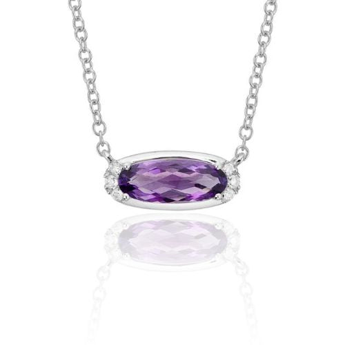 14K WHITE GOLD EAST-WEST AMETHYST AND DIAMOND PENDANT NECKLACE 0.05CTW