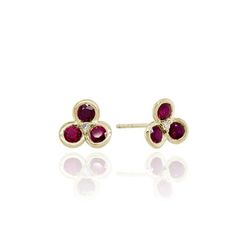 14K YELLOW GOLD RUBY AND DIAMOND 3-PETAL FLOWER STUD EARRINGS