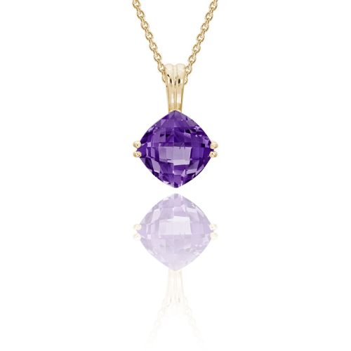 14K YELLOW GOLD CUSHION CHECKERBOARD AMETHYST PENDANT NECKLACE