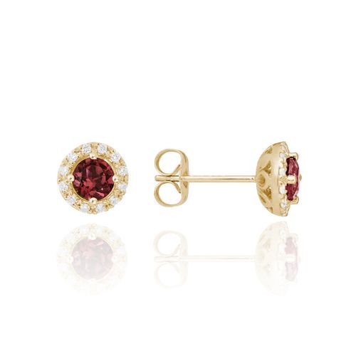 14K YELLOW GOLD GARNET AND DIAMOND HALO STUD EARRINGS 0.14CTW