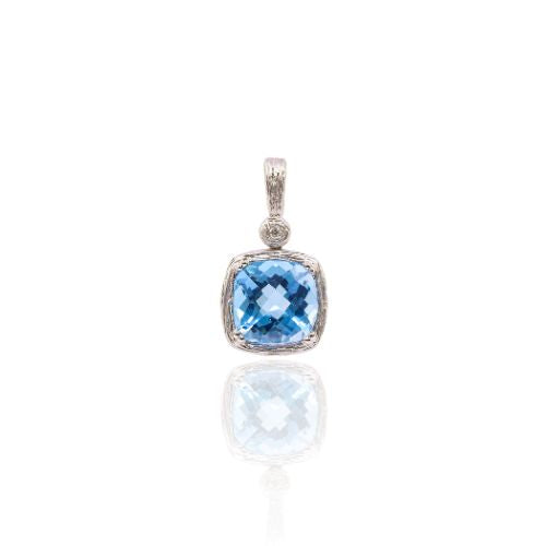 BARK FINISH 14K WHITE GOLD CUSHION BLUE TOPAZ PENDANT WITH DIAMOND BAIL