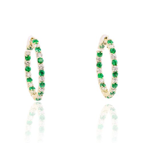 14K YELLOW GOLD 24MM EMERALD AND DIAMOND INSIDE-OUTSIDE HOOP EARRINGS