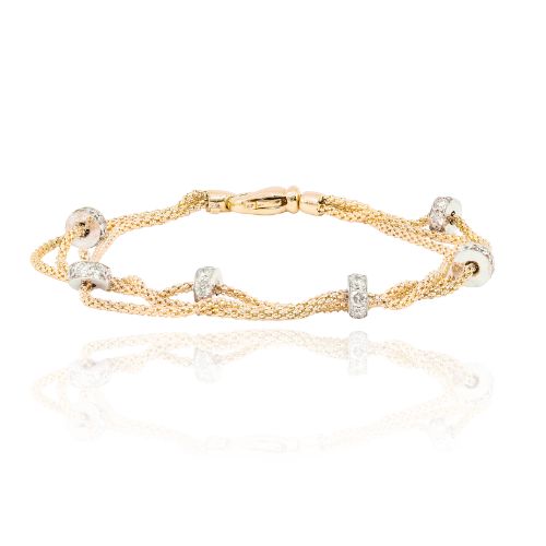 14K YELLOW GOLD 7-INCH TRIPLE STRAND BRACELET WITH DIAMOND STATIONS 2.40CTW