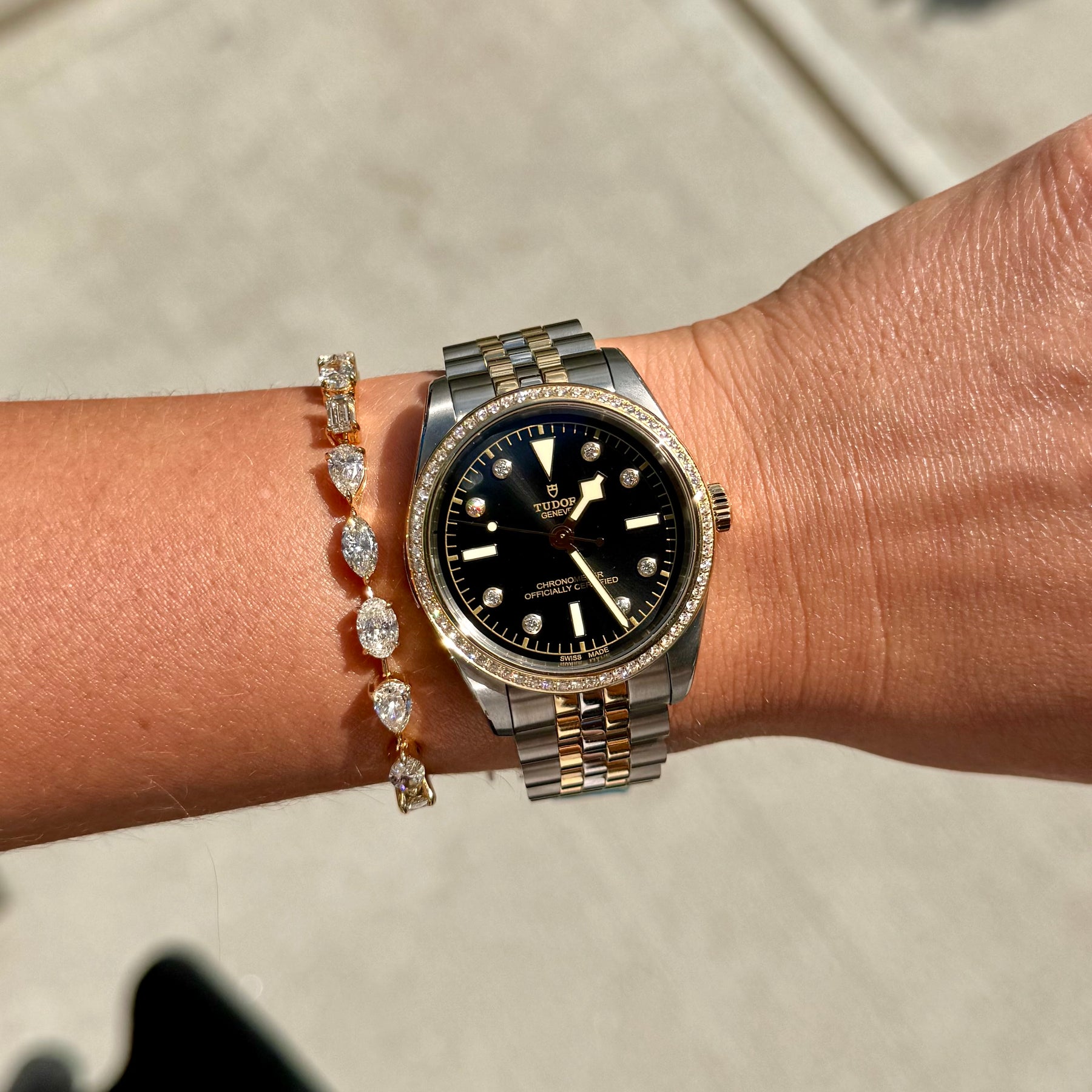 PRE-OWNED 36MM TUDOR BLACK BAY STEEL & GOLD AUTOMATIC WATCH WITH DIAMOND BEZEL