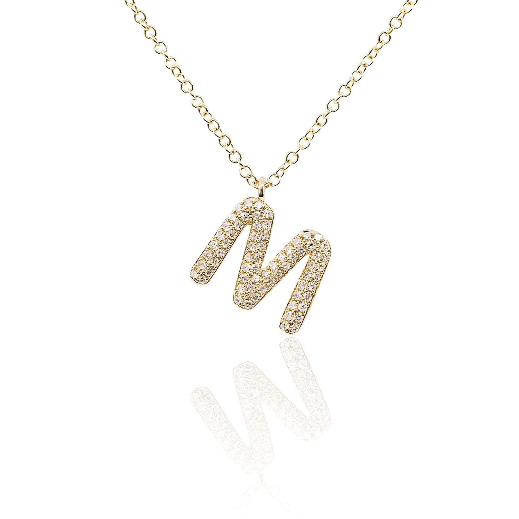 14K YELLOW GOLD PAVE DIAMOND M LETTER INITIAL NECKLACE