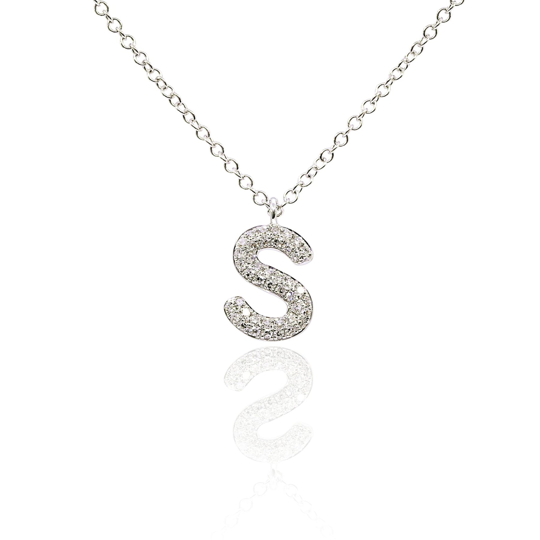 16-18 INCH 14K WHITE GOLD PAVE DIAMOND S LETTER INITIAL NECKLACE
