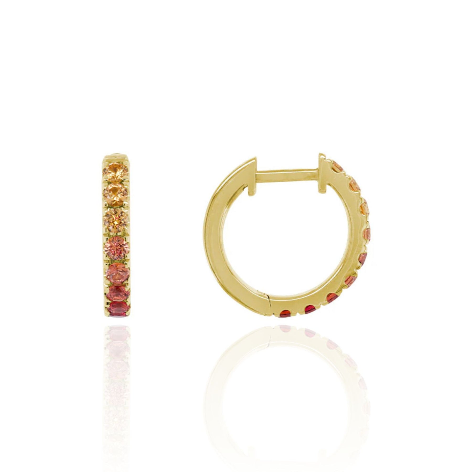 14K YELLOW GOLD 13MM ORANGE AND RED SAPPHIRE HUGGIE HOOP EARRINGS