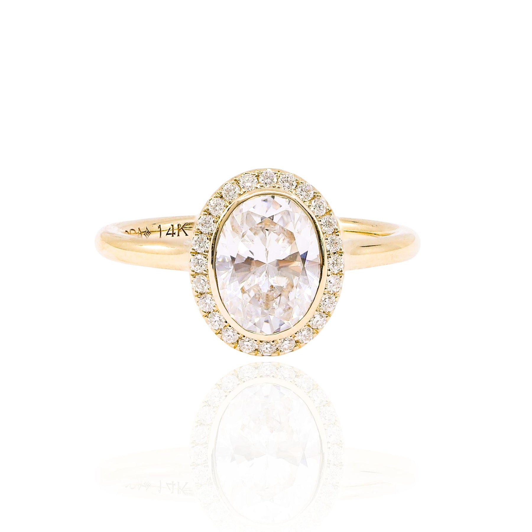 14K YELLOW GOLD BEZEL-SET OVAL DIAMOND HALO ENGAGEMENT RING - SETTING ONLY