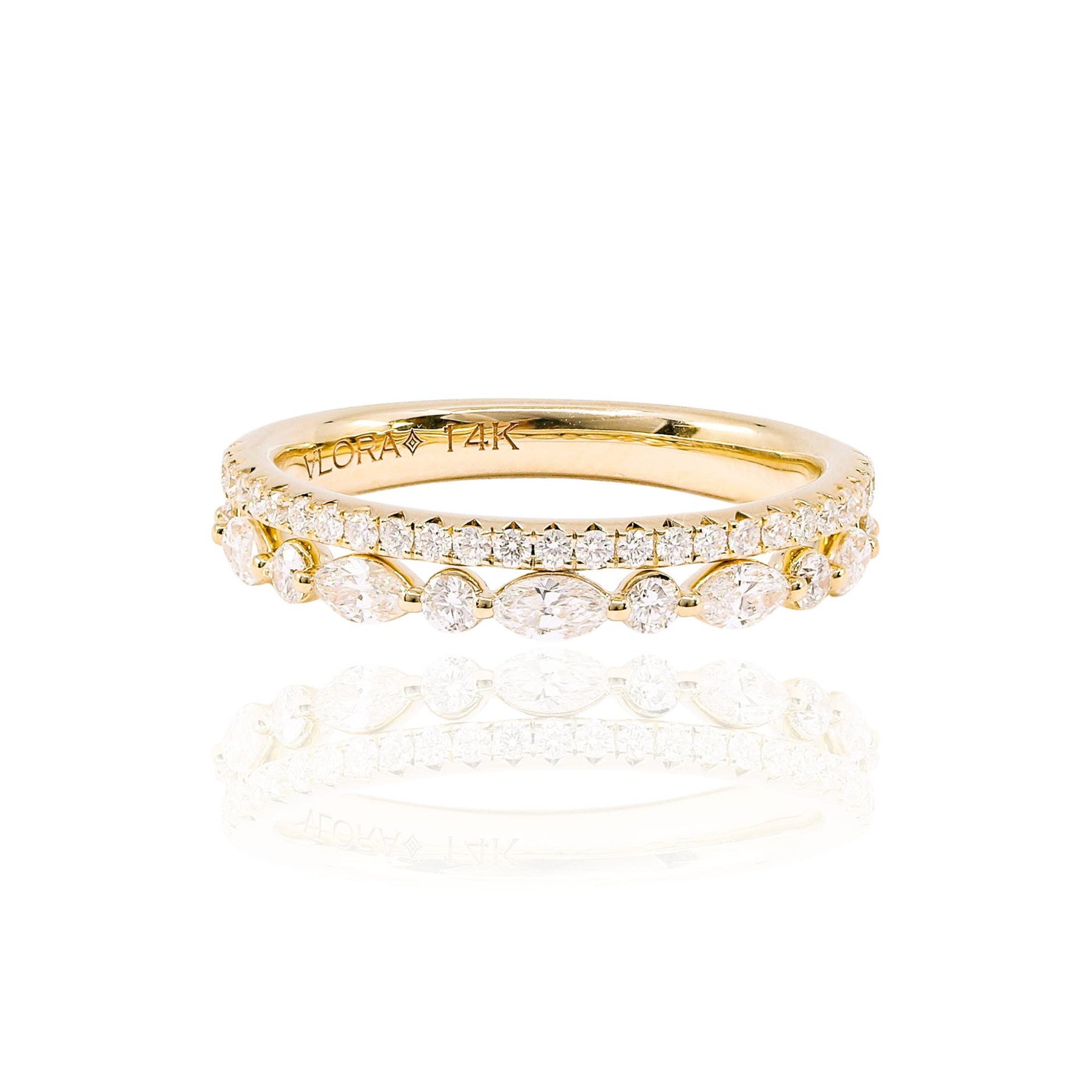 VLORA 14K YELLOW GOLD MIXED CUT PAVE DIAMOND DOUBLE ROW WEDDING BAND