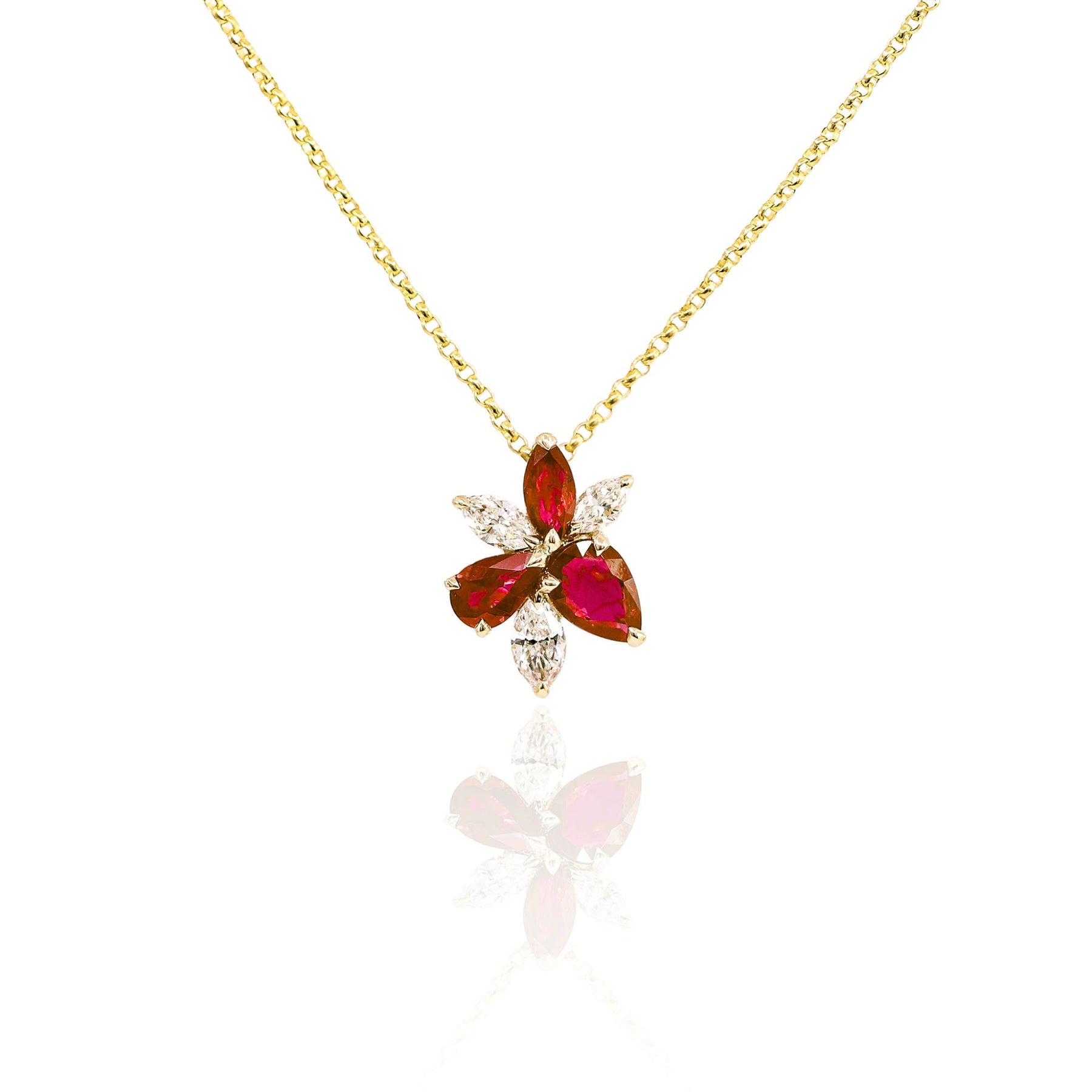 14K YELLOW GOLD RUBY FLOWER PENDANT WITH DIAMONDS