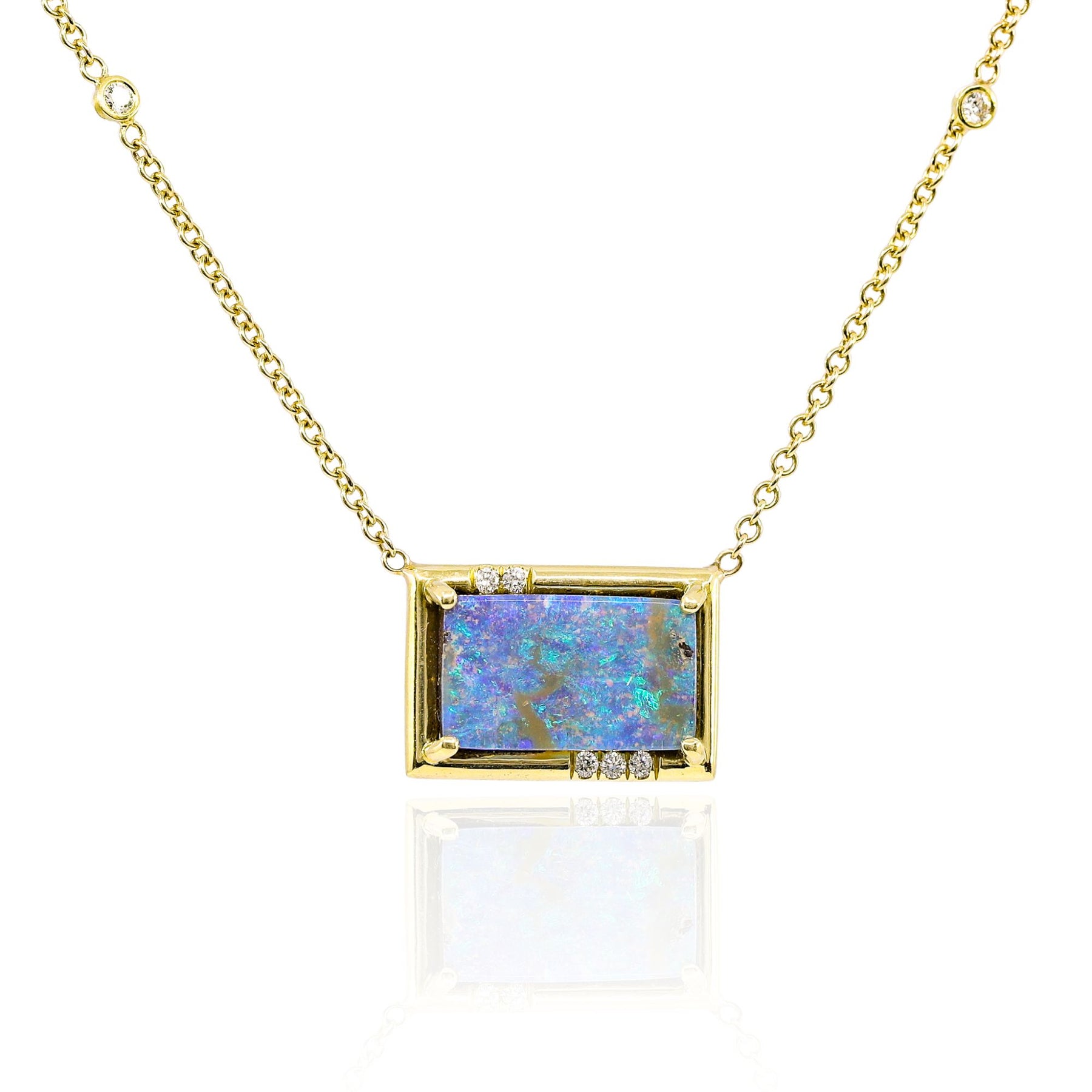 LAUREN K 18K YELLOW GOLD RECTANGLE BOULDER OPAL AND DIAMOND FRAME NECKLACE