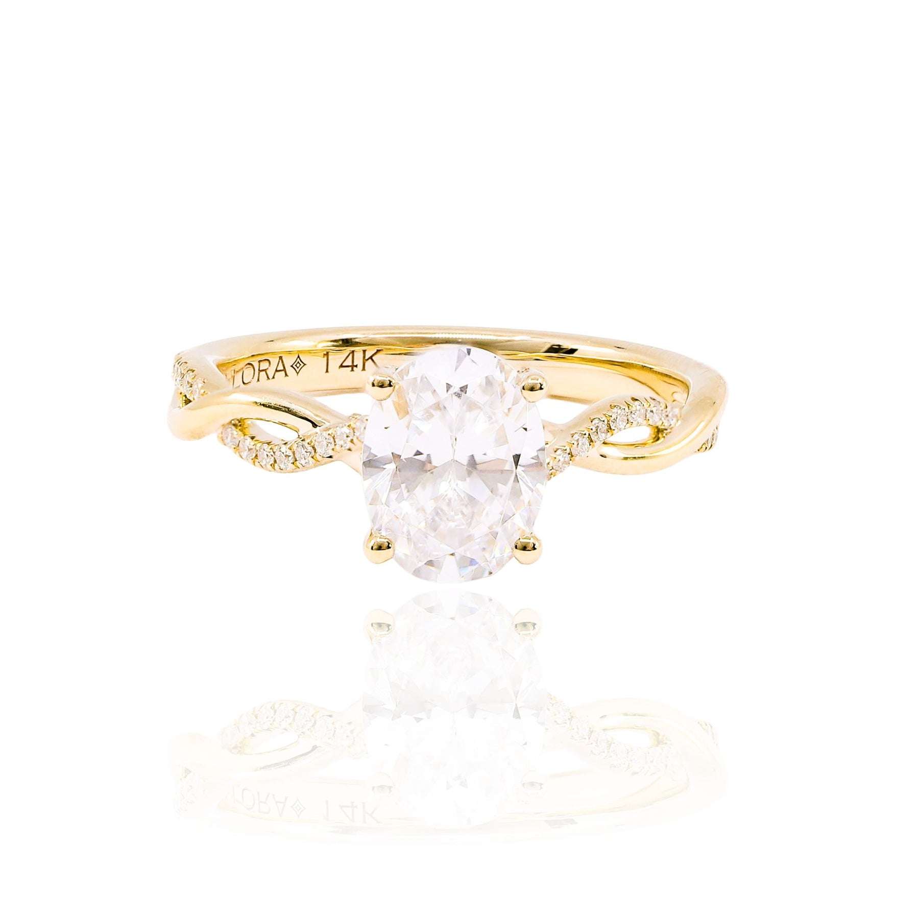 VLORA 14K YELLOW GOLD TWISTED BAND OVAL DIAMOND ENGAGEMENT RING WITH HIDDEN HALO