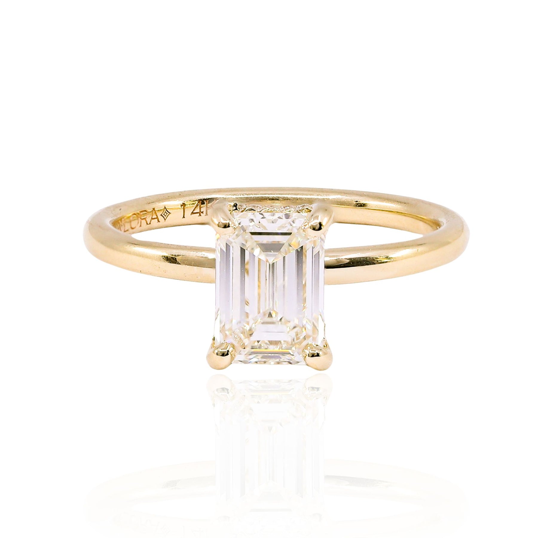 14K YELLOW GOLD 1.51CT EMERALD-CUT DIAMOND SOLITAIRE ENGAGEMENT RING WITH HIDDEN HALO