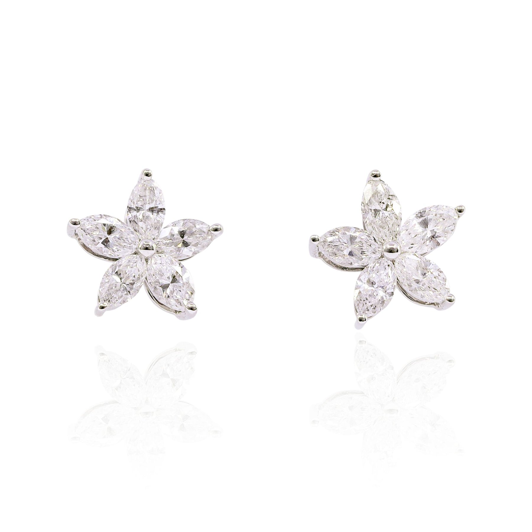 18K WHITE GOLD MARQUISE DIAMOND FLOWER STUD EARRINGS 0.92CTW