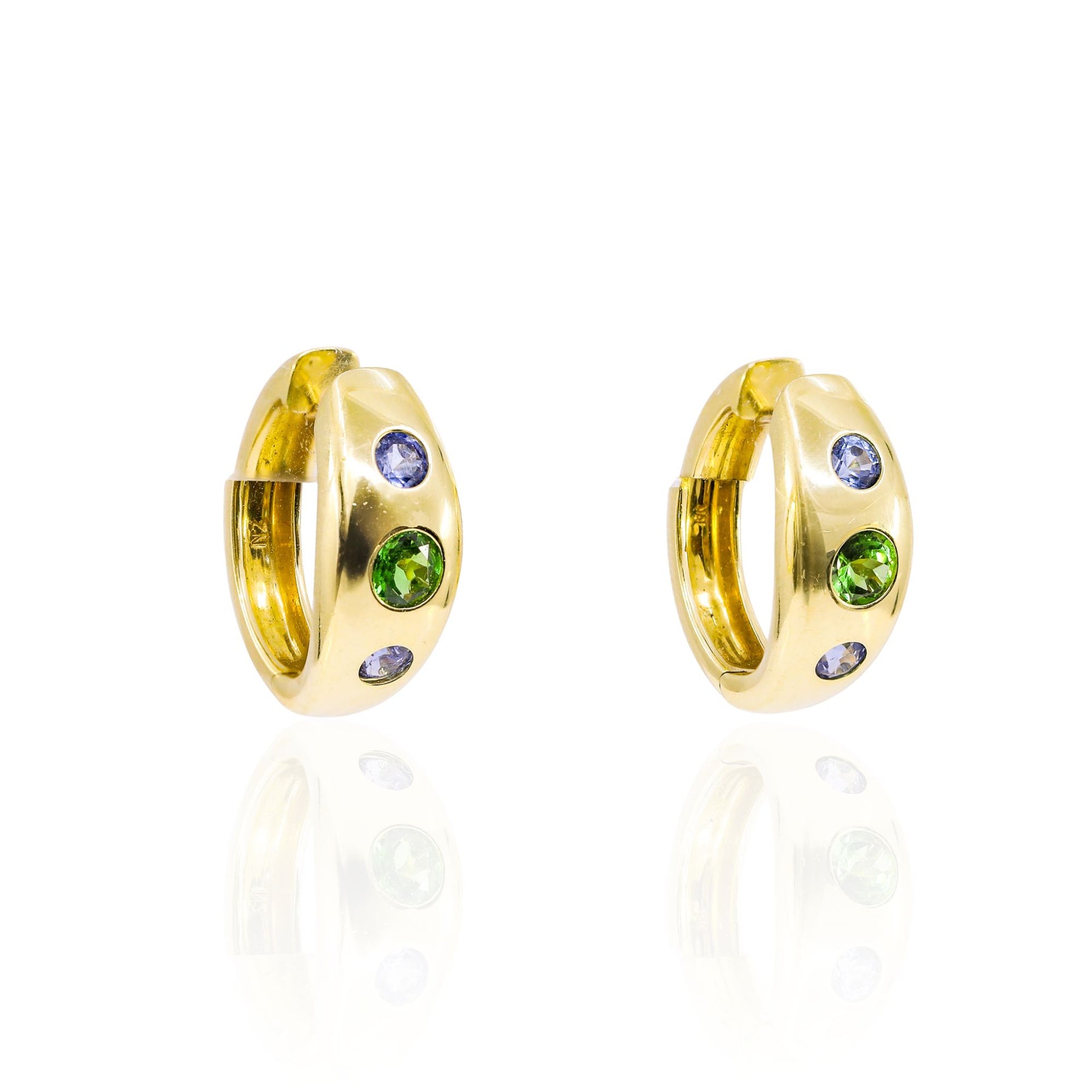 LAUREN K 18K YELLOW GOLD TSAVORITE GARNET AND SAPPHIRE HOOP EARRINGS