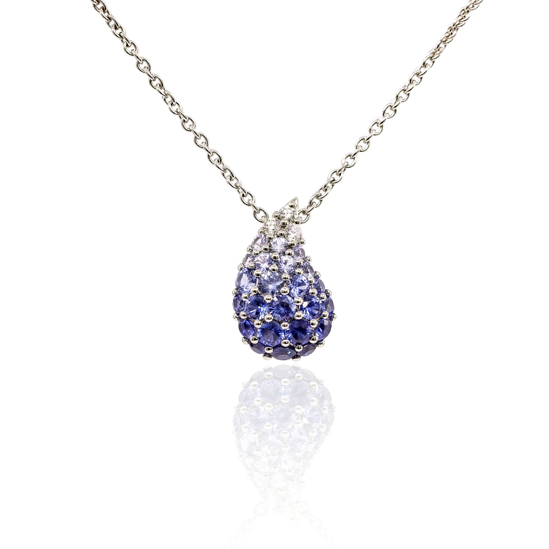 18K WHITE GOLD MARK PATTERSON SAPPHIRE AND DIAMOND OMBRE TEARDROP PENDANT NECKLACE