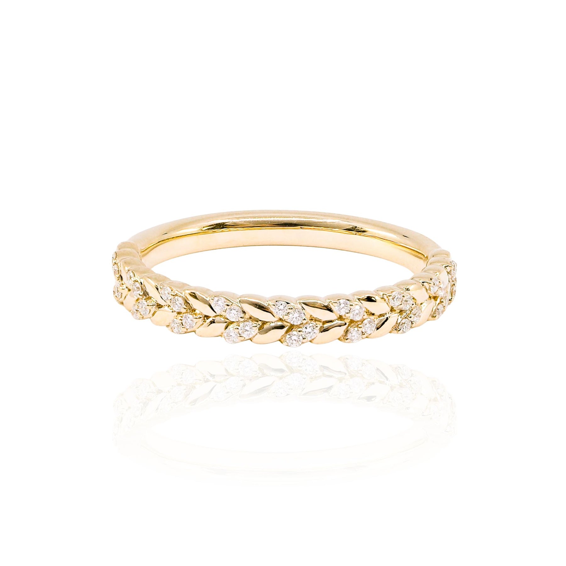 VLORA 14K YELLOW GOLD PAVE LEAVES DIAMOND WEDDING BAND 0.13CTW