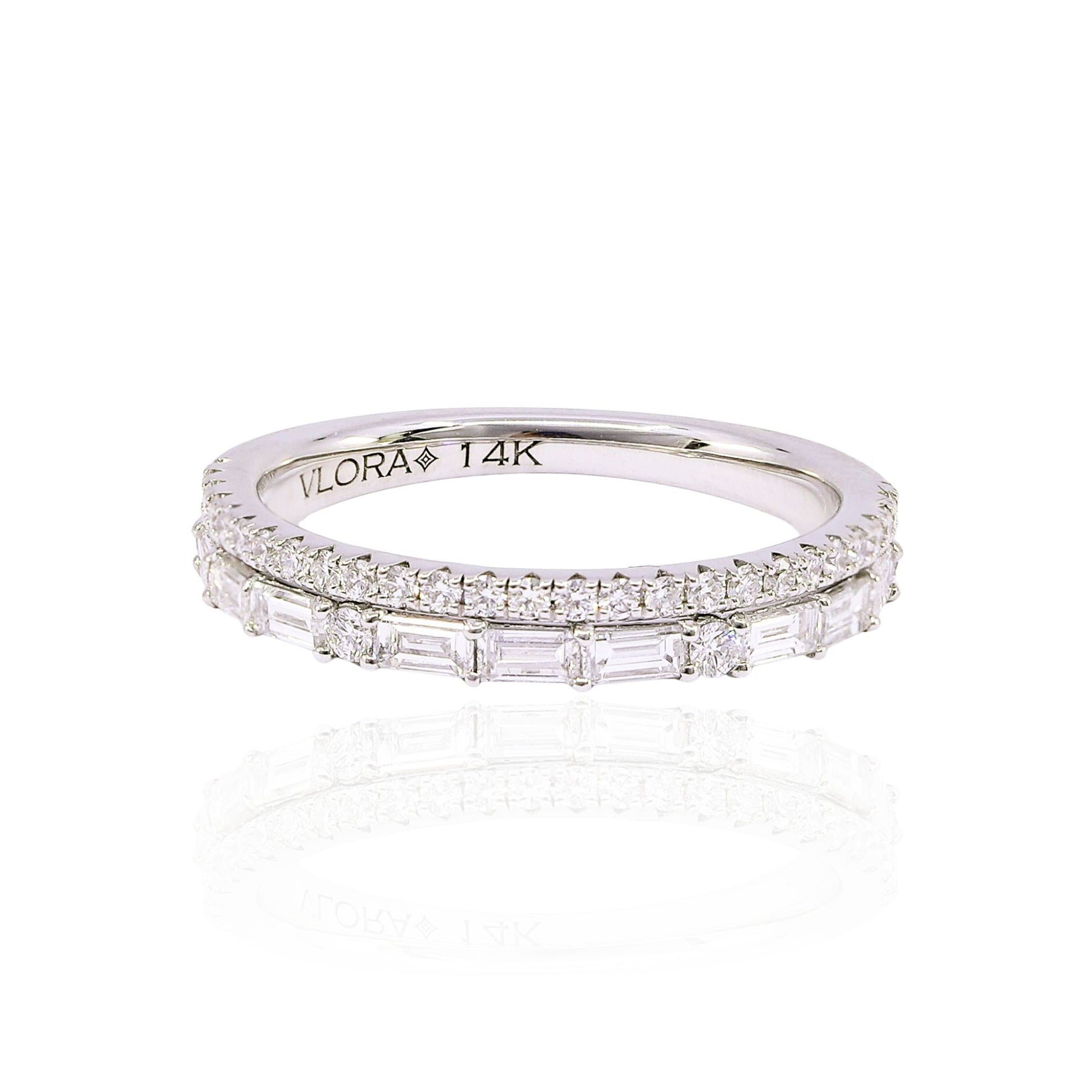 VLORA 14K WHITE GOLD DOUBLE ROW PAVE AND BAGUETTE WEDDING BAND