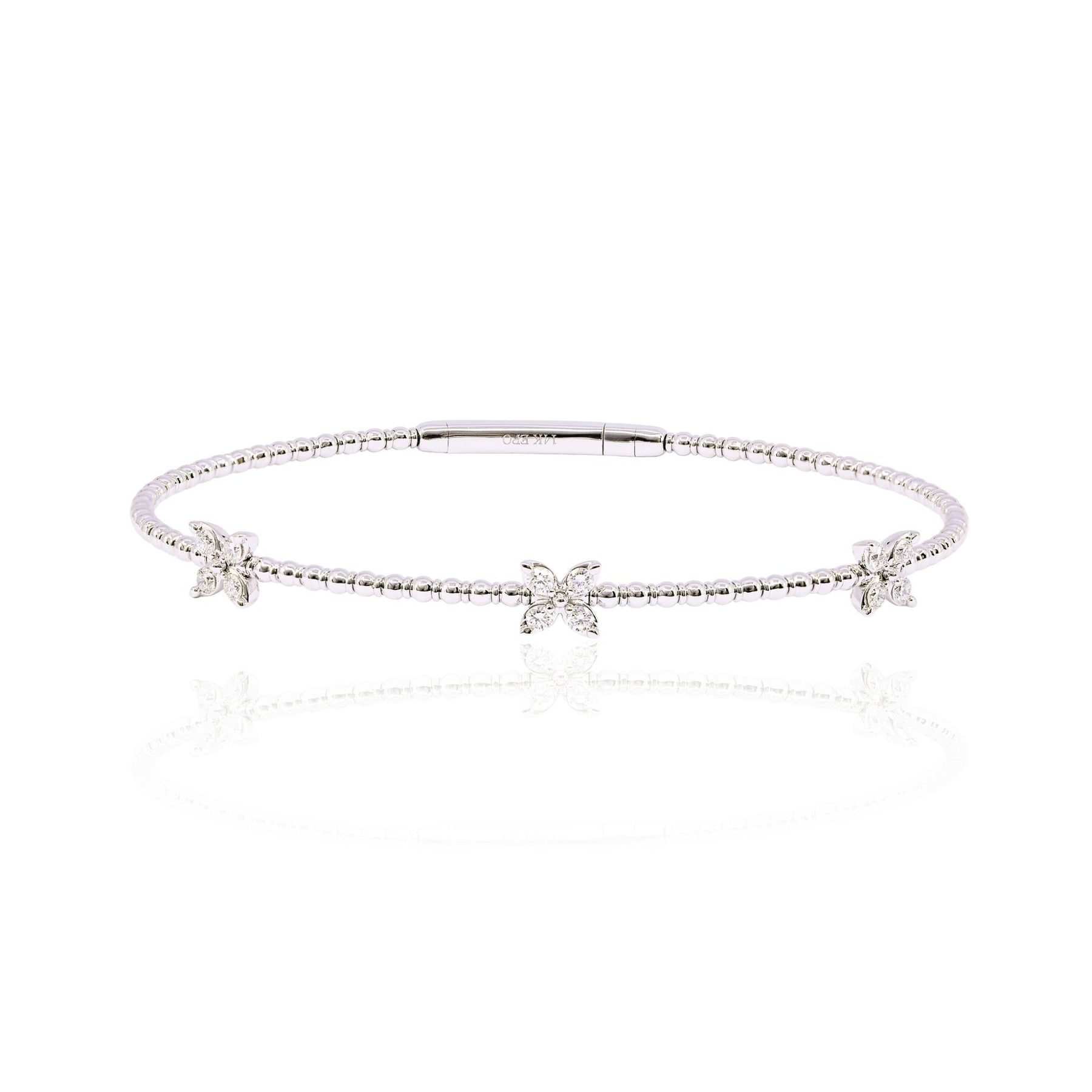 14K WHITE GOLD FLEXIBLE DIAMOND FLOWER BANGLE BRACELET 0.32CTW