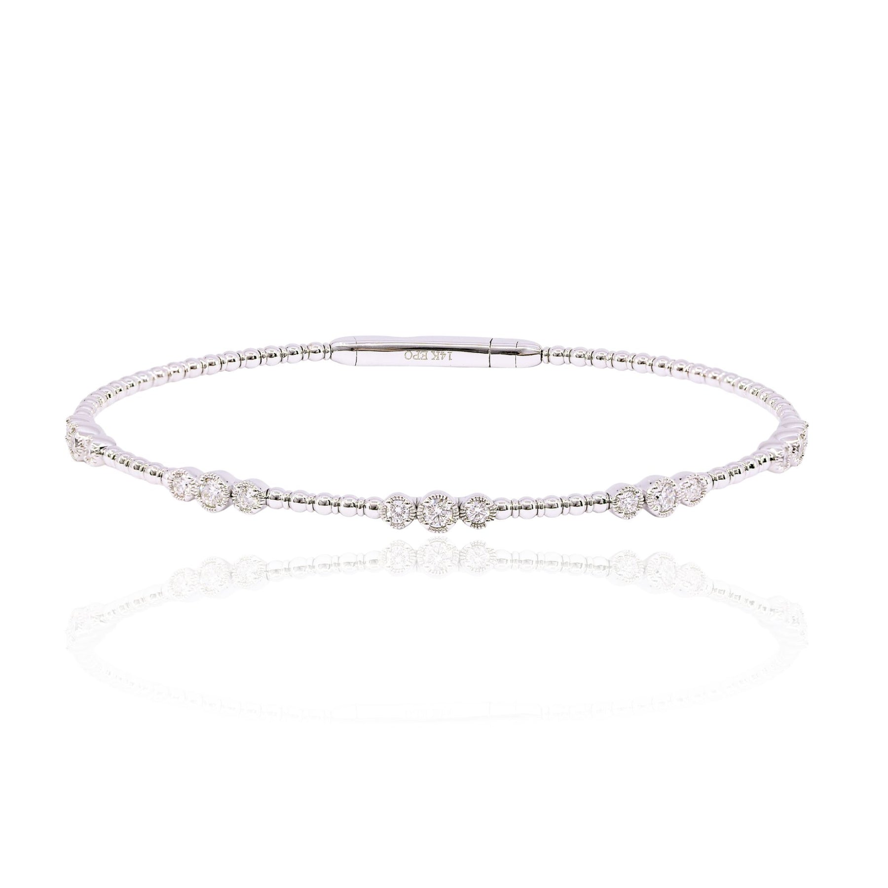 14K WHITE GOLD FLEXIBLE DIAMOND STATION BANGLE BRACELET 0.48CTW