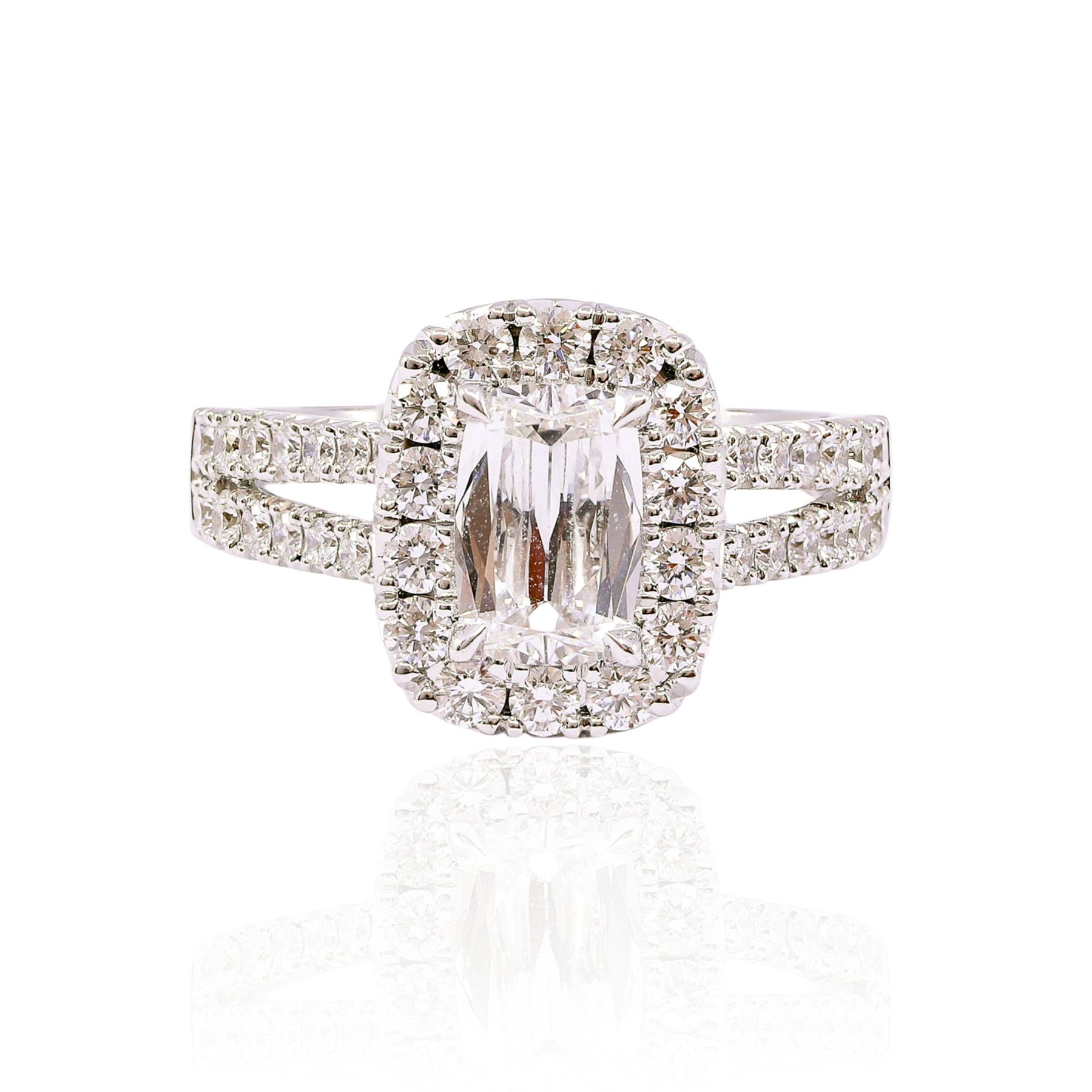 HENRI DAUSSI 18K WHITE GOLD 1.04CT CUSHION DIAMOND HALO ENGAGEMENT RING
