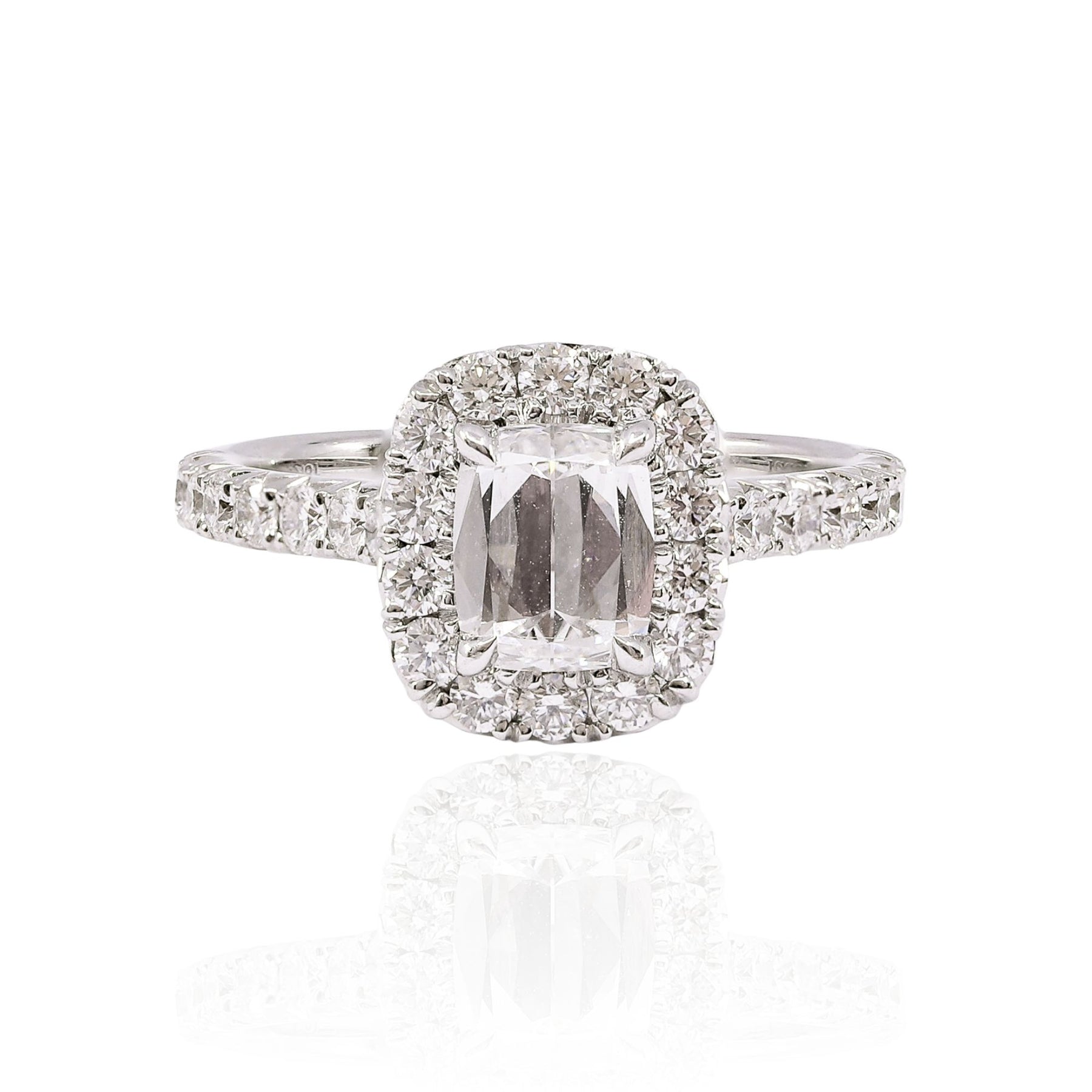 HENRI DAUSSI 18K WHITE GOLD 1.09CT CUSHION DIAMOND HALO ENGAGEMENT RING