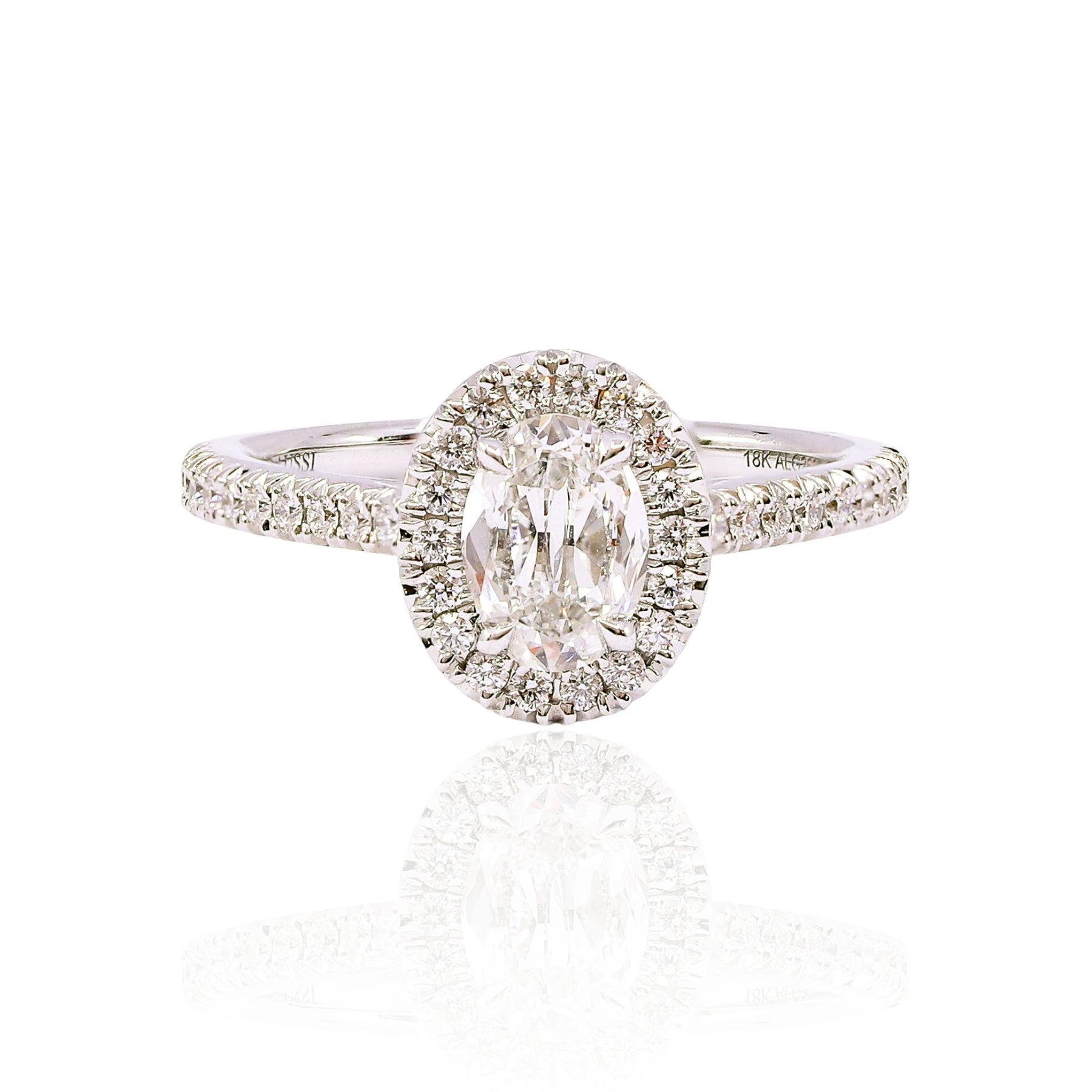 HENRI DAUSSI 18K WHITE GOLD 0.73CT OVAL DIAMOND HALO ENGAGEMENT RING