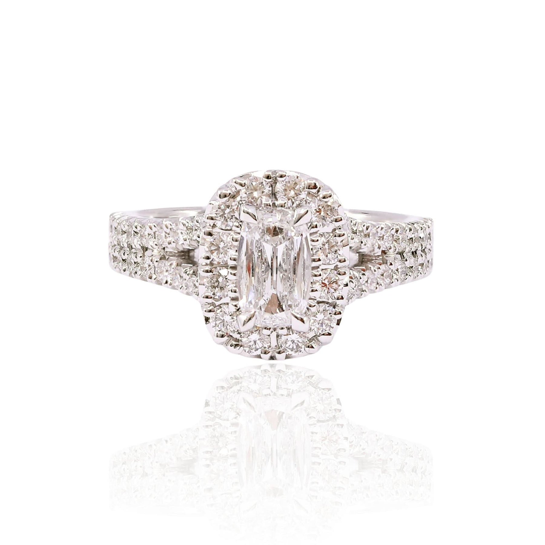 HENRI DAUSSI 18K WHITE GOLD 0.59CT CUSHION DIAMOND HALO ENGAGEMENT RING WITH SPLIT SHANK