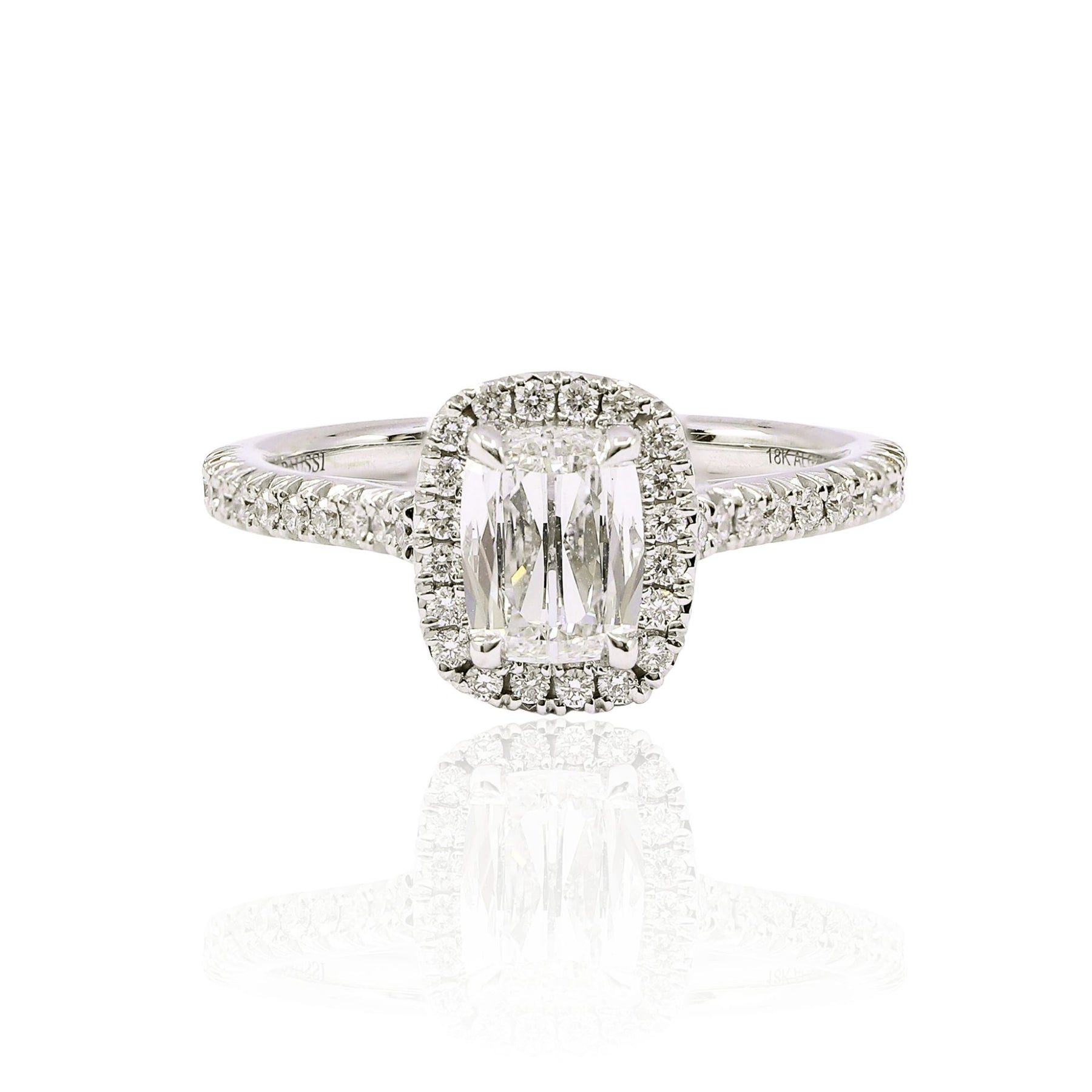 HENRI DAUSSI 18K WHITE GOLD 0.80CT CUSHION DIAMOND HALO ENGAGEMENT RING