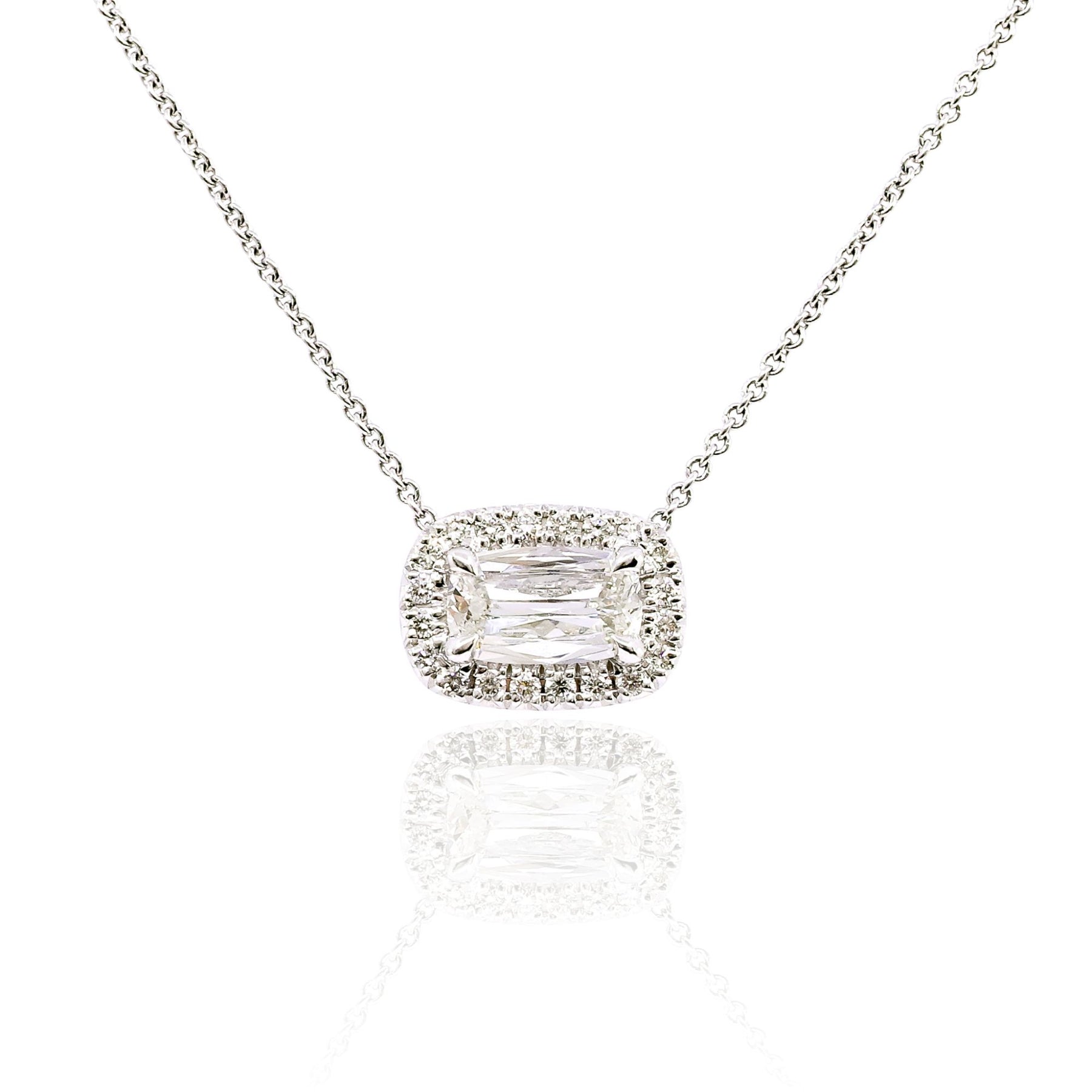 14K WHITE GOLD CUSHION DIAMOND HALO SOLITAIRE PENDANT NECKLACE