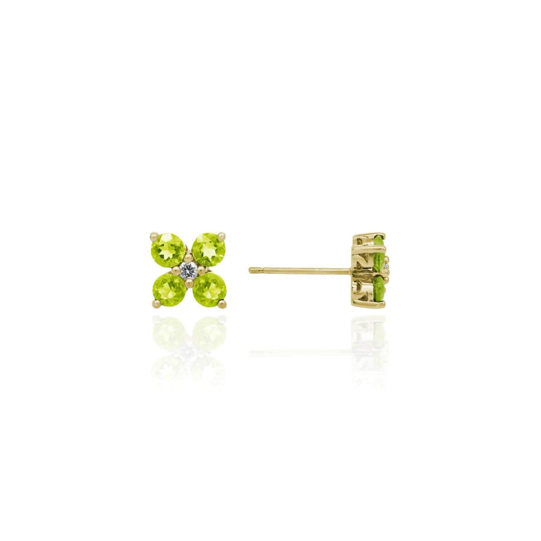14K YELLOW GOLD PERIDOT AND DIAMOND FLOWER STUD EARRINGS