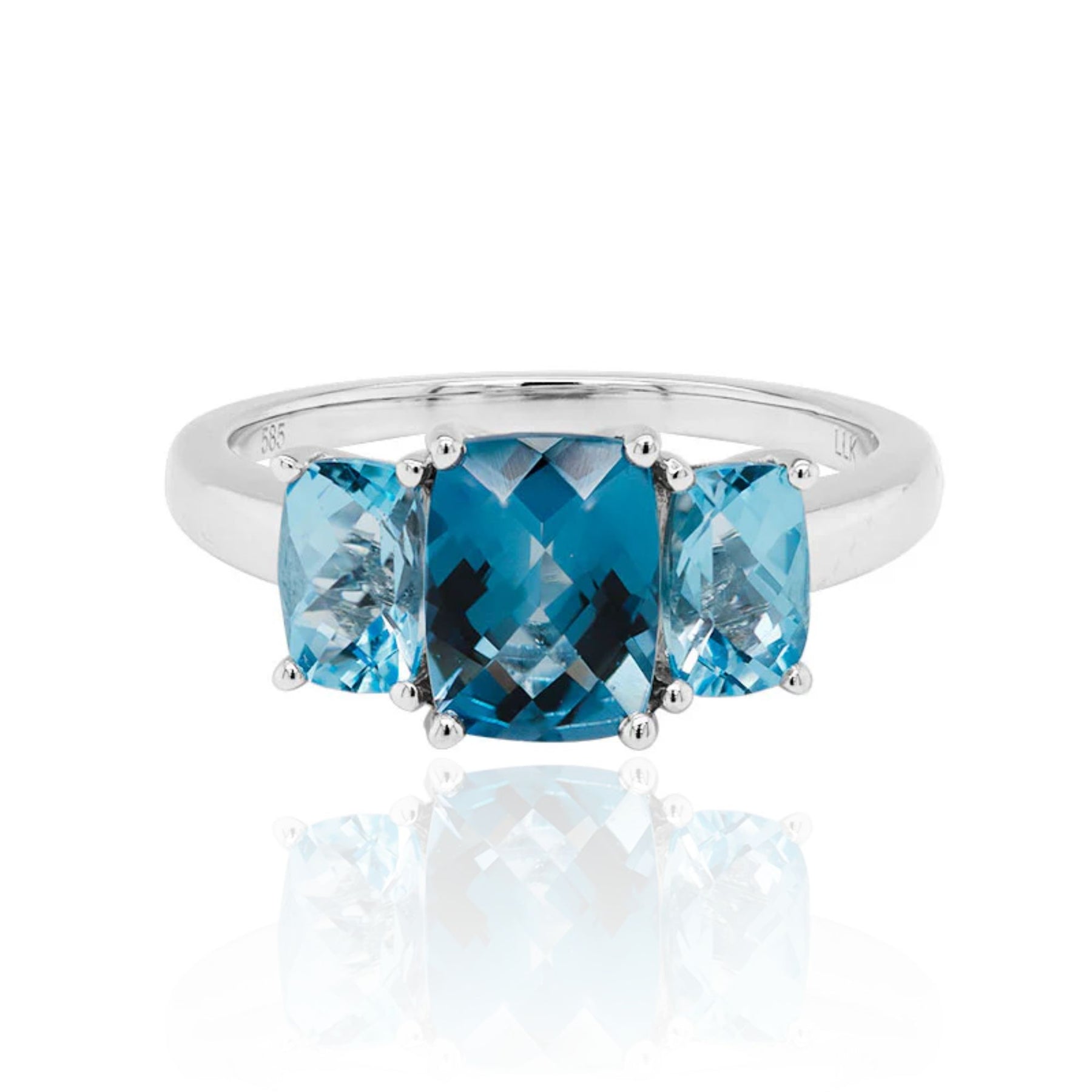 14K WHITE GOLD LONDON BLUE TOPAZ THREE-STONE RING
