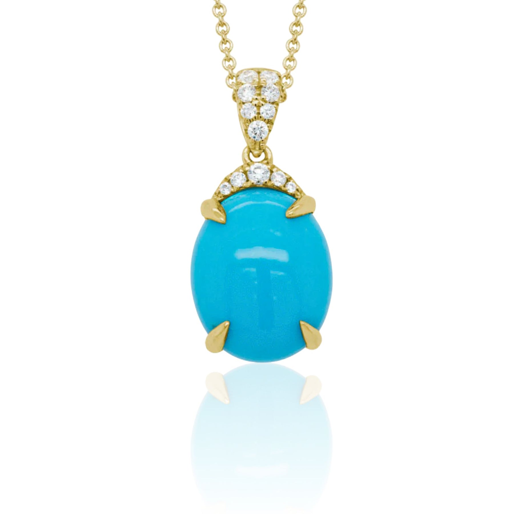 14K YELLOW GOLD OVAL TURQUOISE AND DIAMOND PENDANT NECKLACE