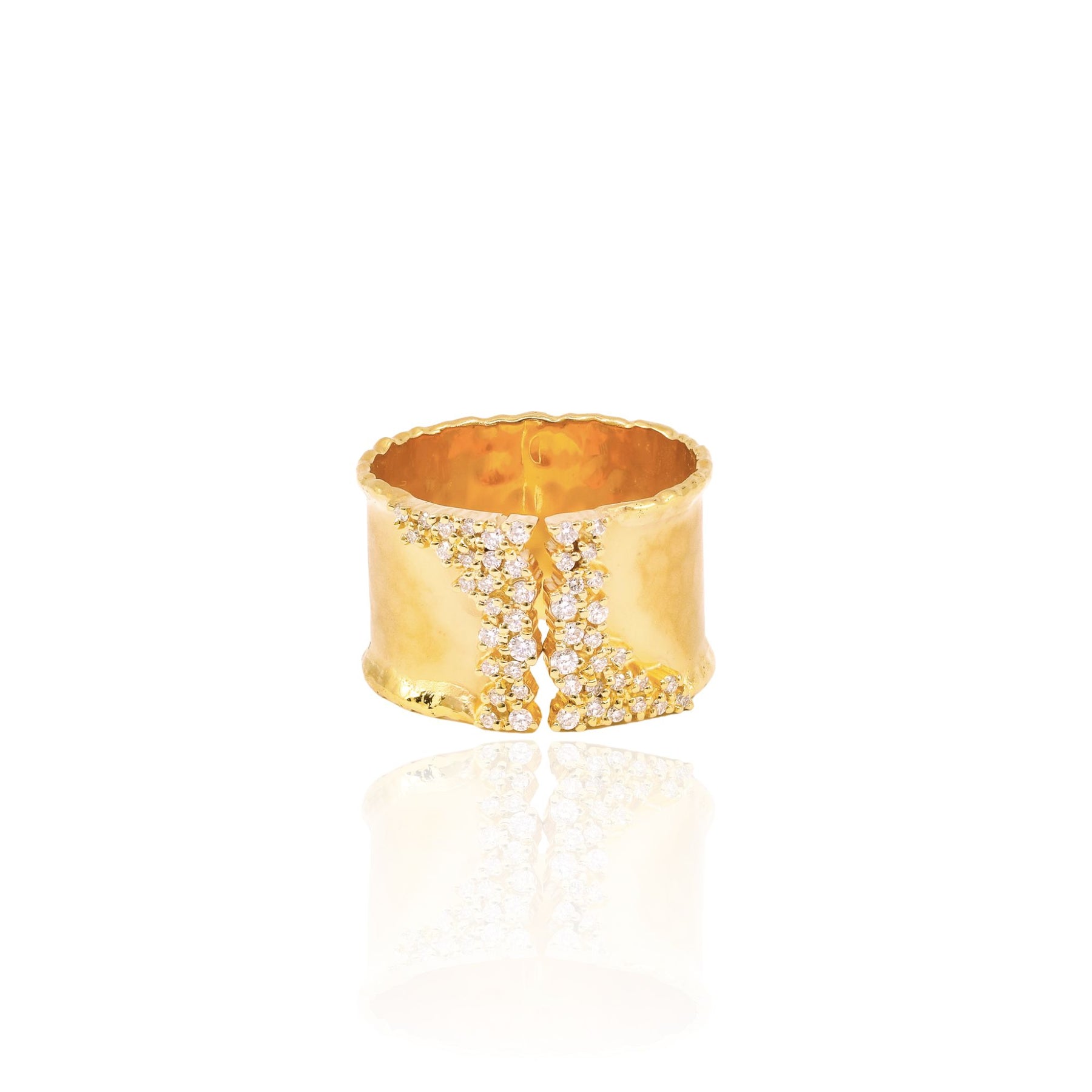 MARIKA 14K YELLOW GOLD HAMMERED FINISH CUFF RING WITH DIAMONDS 8787