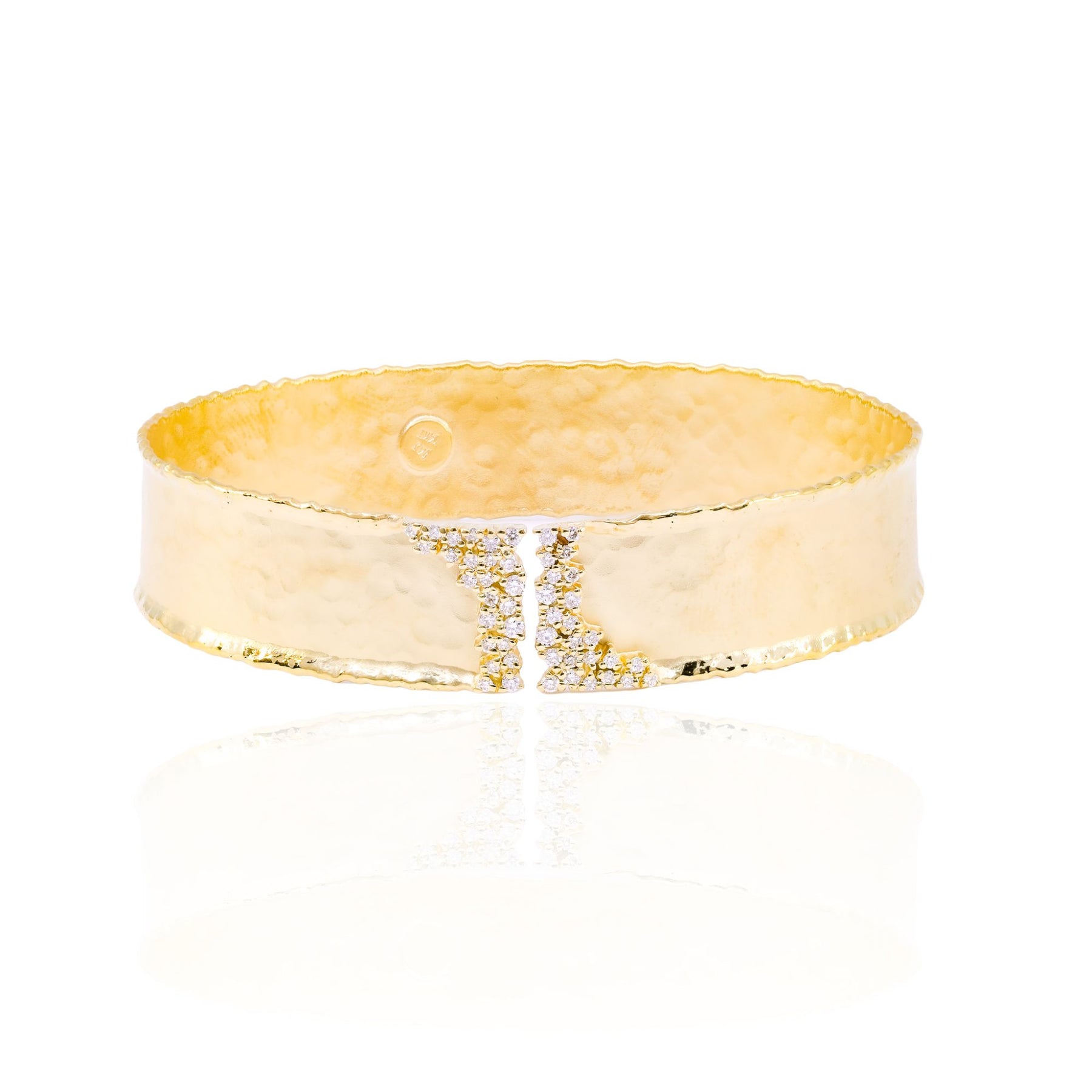 MARIKA 14K YELLOW GOLD 13MM HAMMERED FINISH CUFF BRACELET WITH DIAMOND ENDS