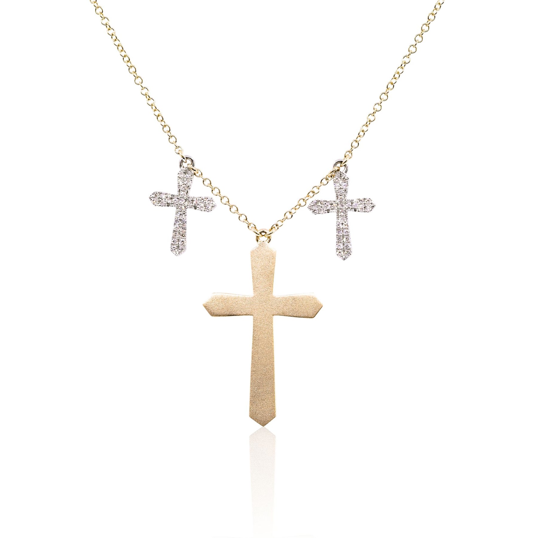 SHY CREATION 14K YELLOW AND WHITE GOLD 18-INCH PAVE DIAMOND TRIPLE CROSS NECKLACE