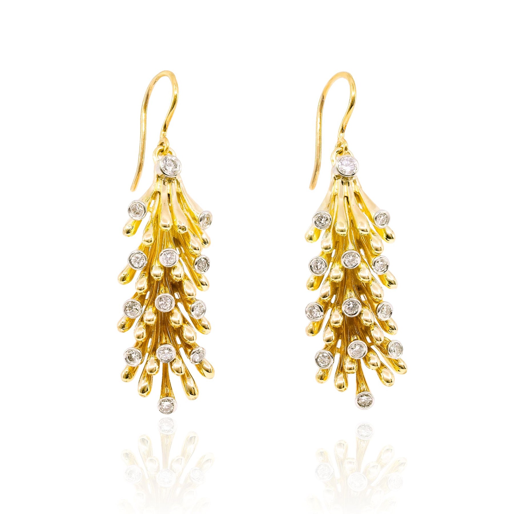 ESTATE JENNY LIN UPCYCLED 18K YELLOW GOLD ANEMONE DIAMOND DANGLE EARRINGS
